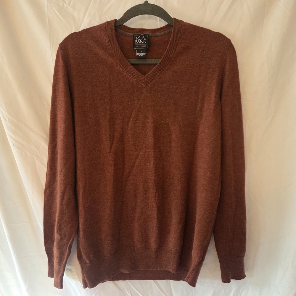 100% Merino Wool Sweater Jos. A. Bank Traveler V-Neck Burnt Orange  Size S